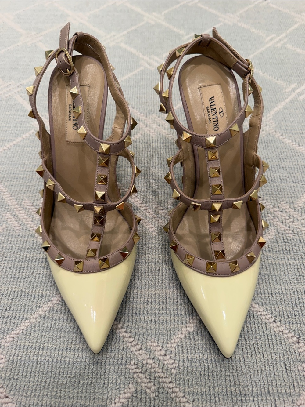 Valentino Studded Pointed-Toe T-Strap Pumps in Cream and Tan